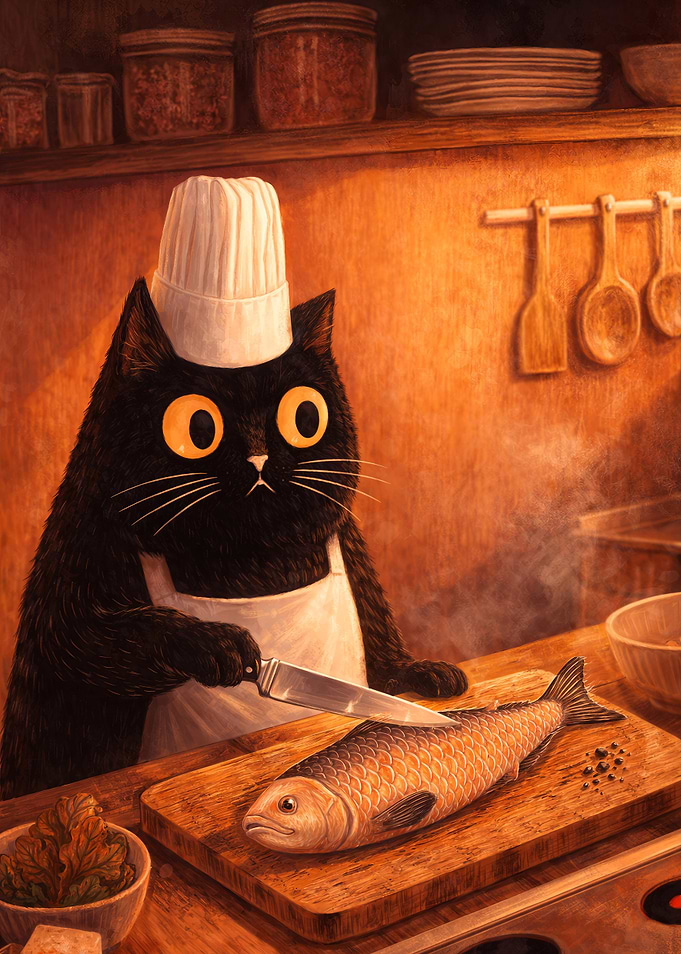 Chef Cat Prepares Fish