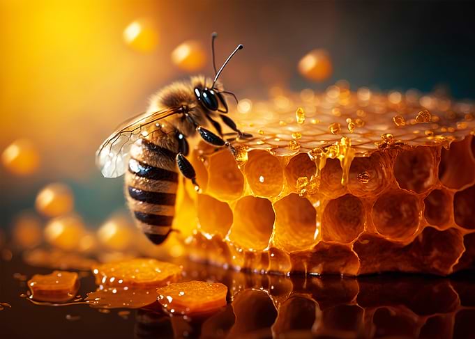 Bee on Honeycomb with Dripping Honey