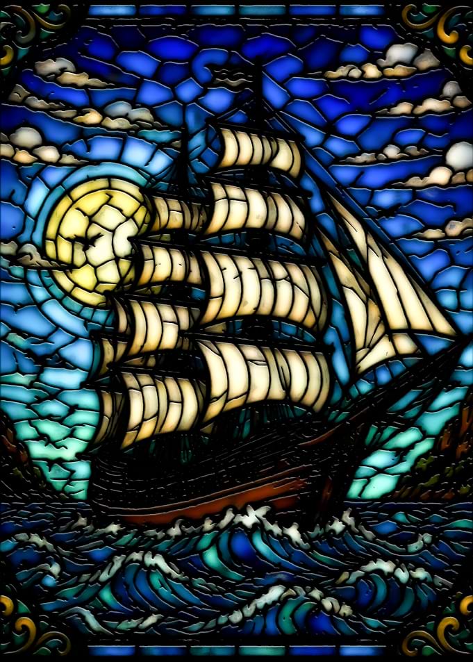 Stained Glass Sailing Ship at Sea
