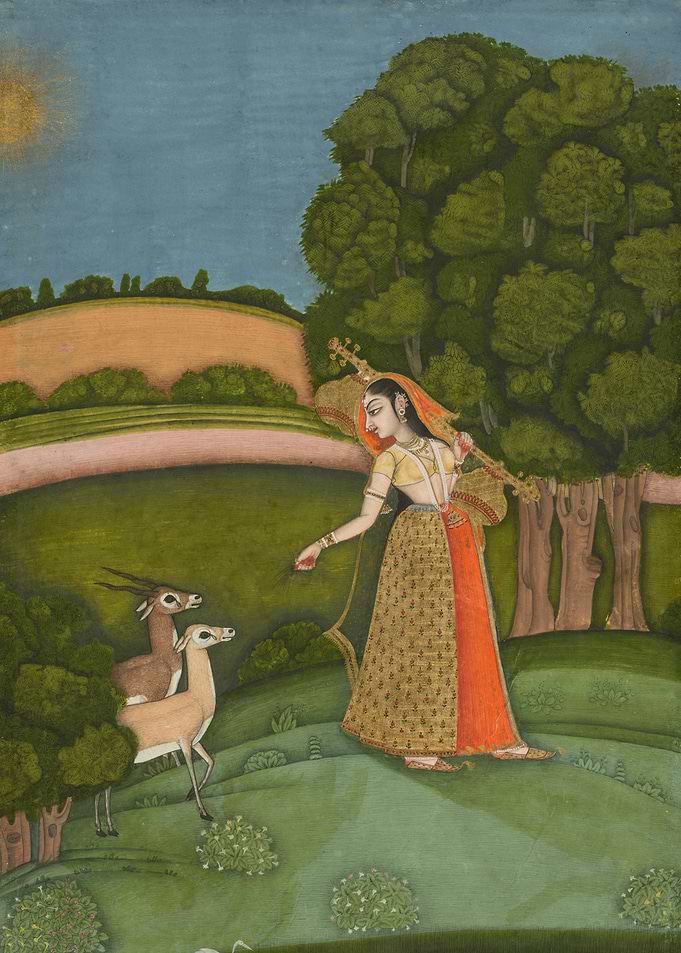 Woman with musical instrument and deer
