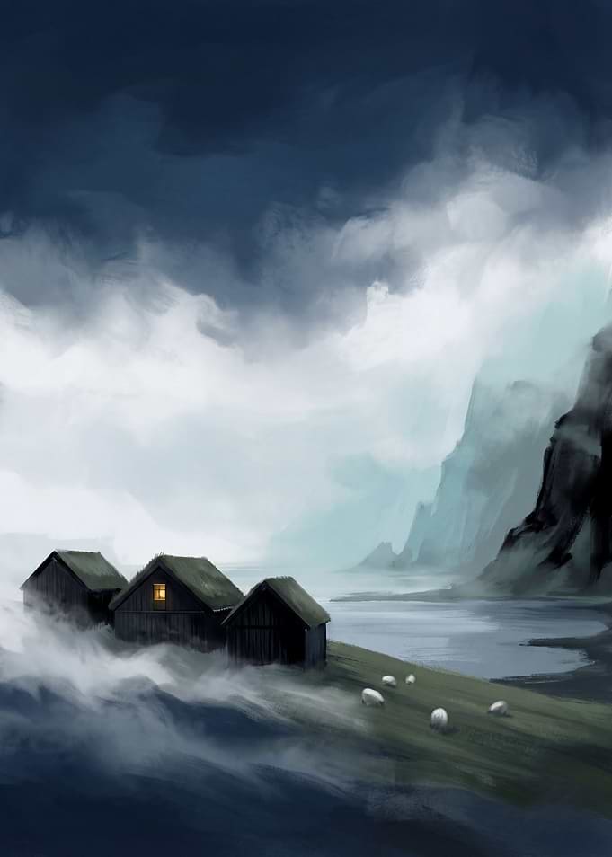 Misty Fjord with Cottages and Sheep
