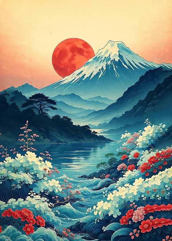 Mount Fuji with Red Sun and Flowers