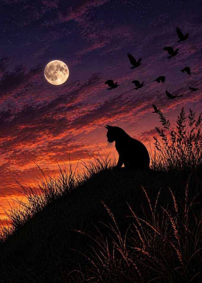 Silhouette Cat and Birds at Sunset