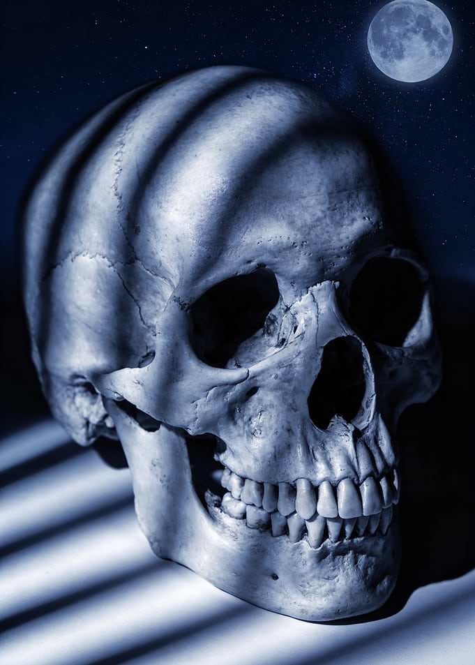 Skull under moonlight with shadows