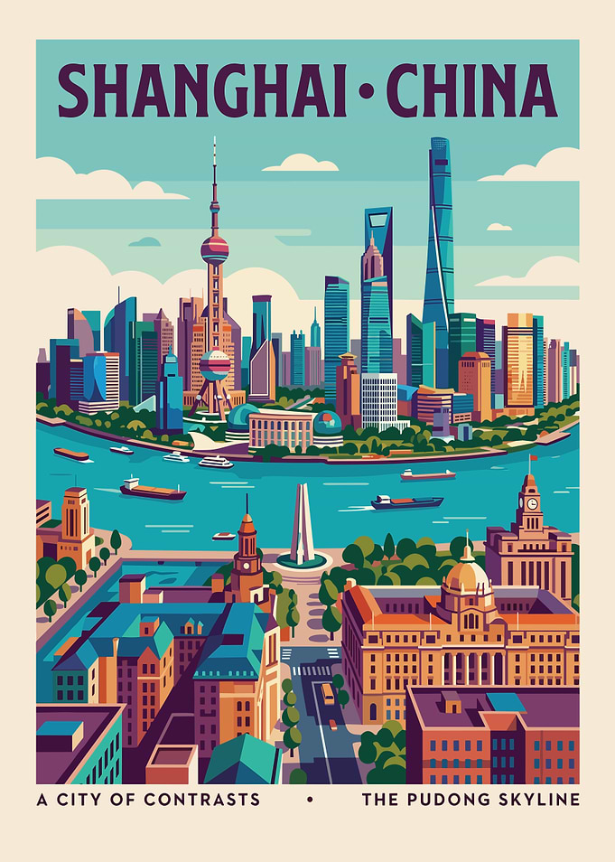 Shanghai Skyline Vintage Poster