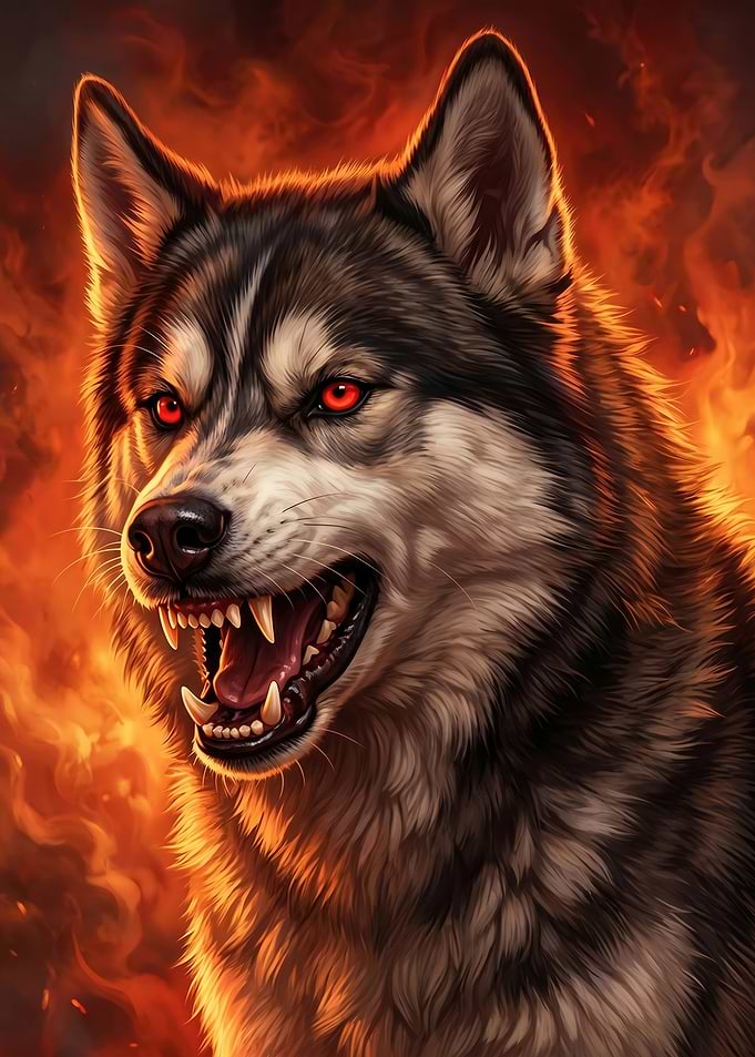 Fierce Wolf with Red Eyes and Flames