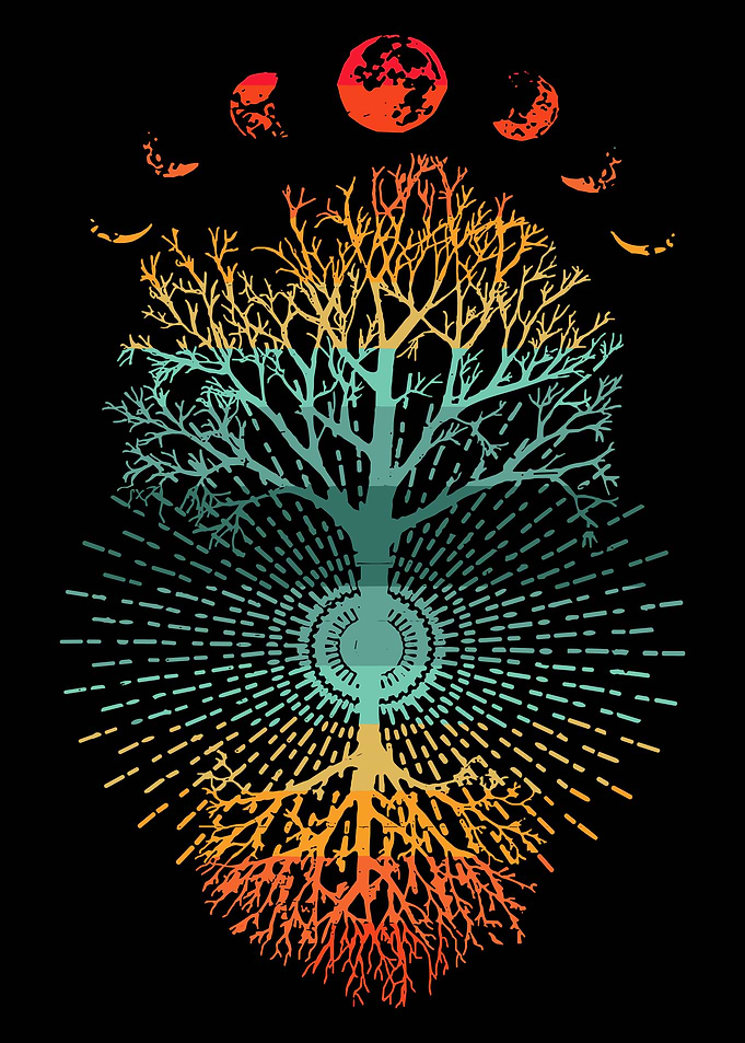 Tree of Life Poster, Cosmic Moon Phases Wall Art, Vibrant Spiritual Nature Print