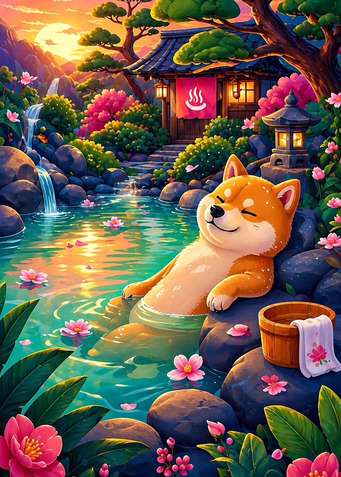Shiba Inu relaxing in a hot spring