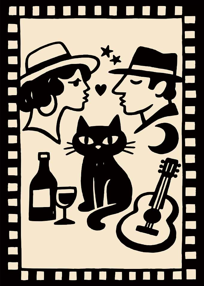 Romantic couple with cat and guitar