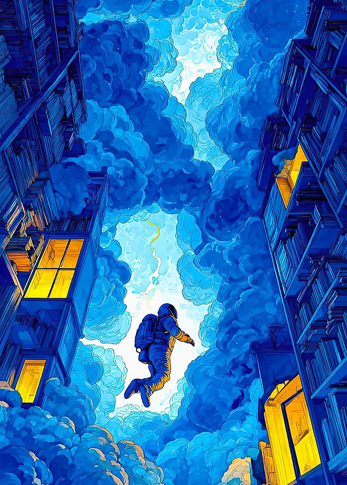 Astronaut floating among clouds and buildings