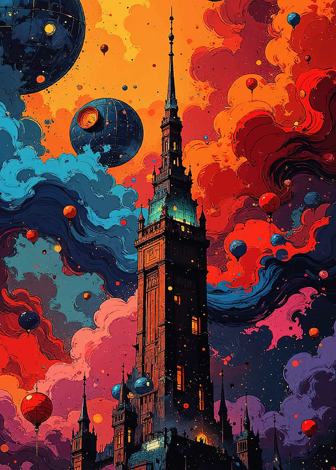 Surreal Cityscape with Balloons and Planets