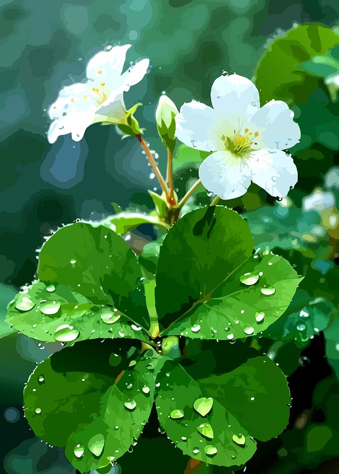 Dewdrops on White Flowers and Leaves