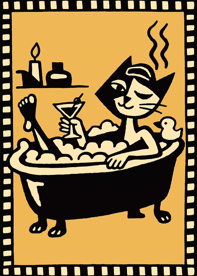 Cat enjoying a bubble bath with a martini