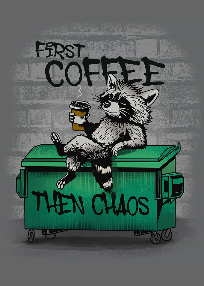 Raccoon with Coffee on Dumpster