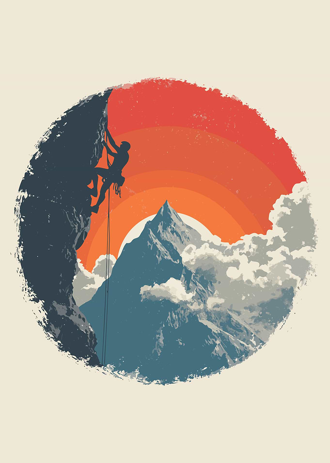 Climber Silhouetted Against Sunset Mountain