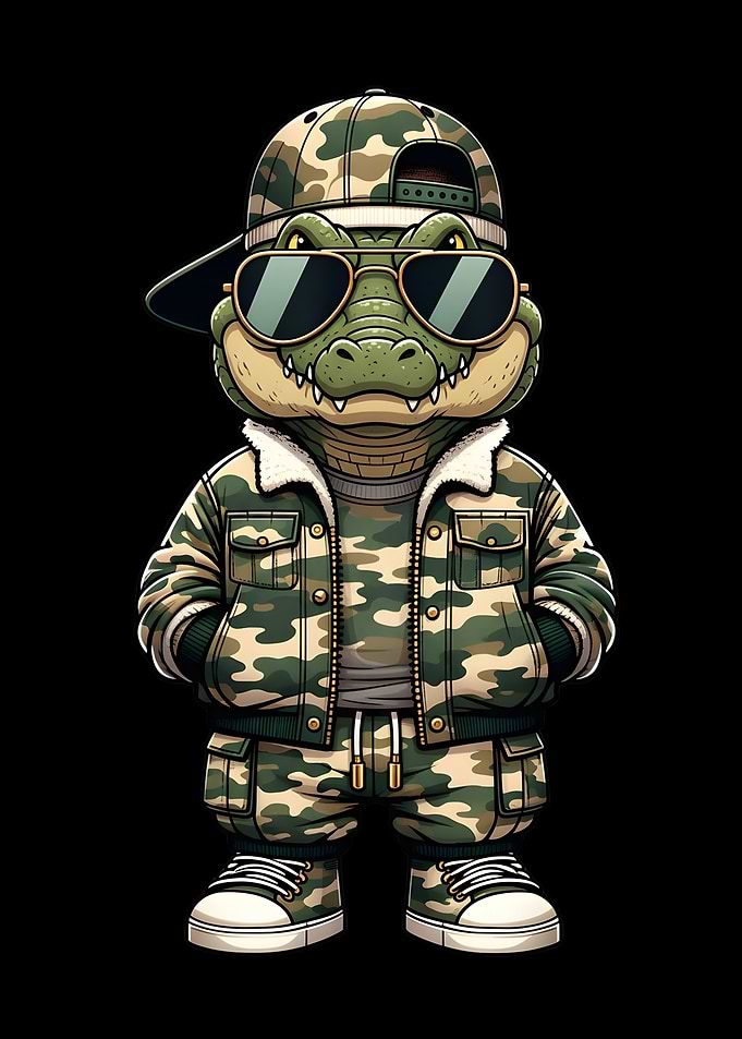 Cool Alligator in Camouflage Outfit, Baseball Cap and Sunglasses