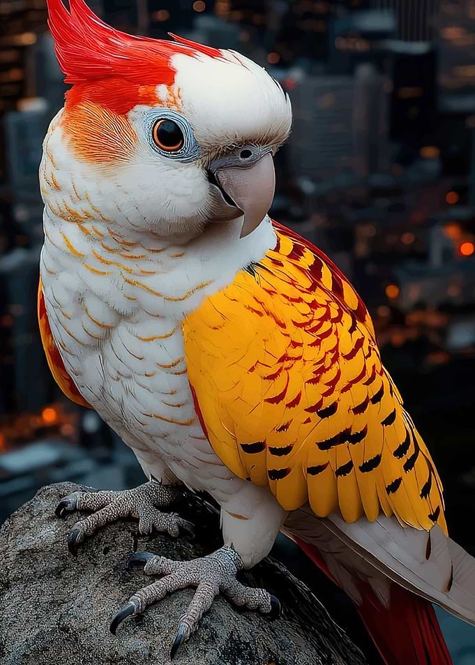 Exotic Parrot on Rock with City Background