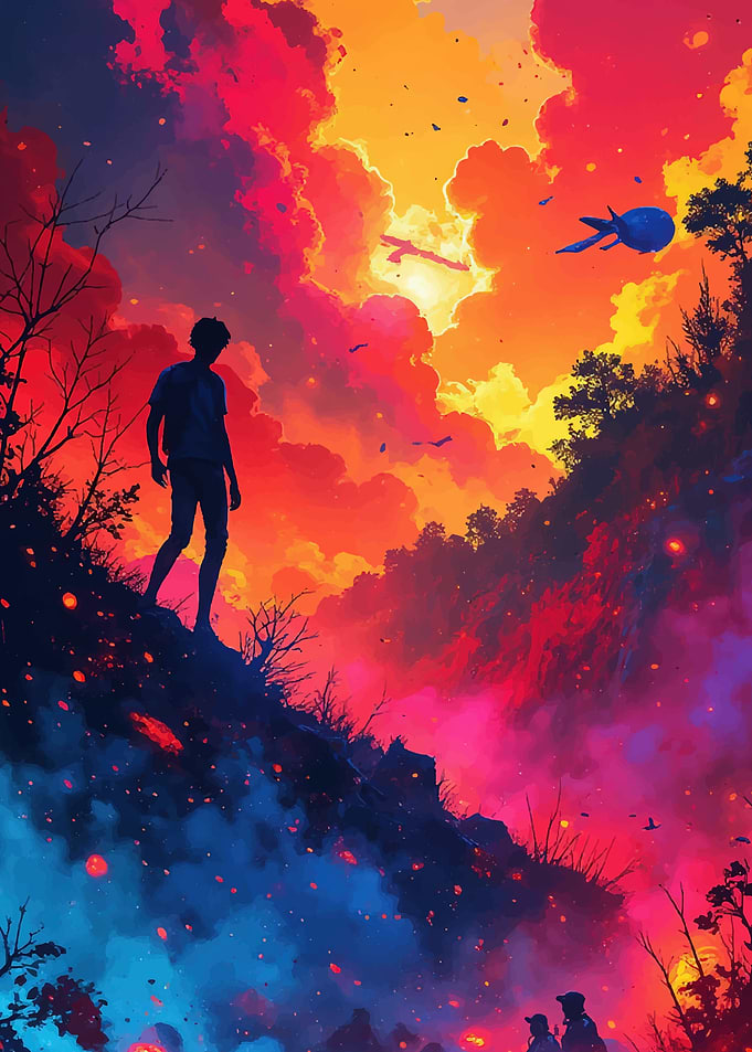 Boy on Hillside Under Fiery Sky
