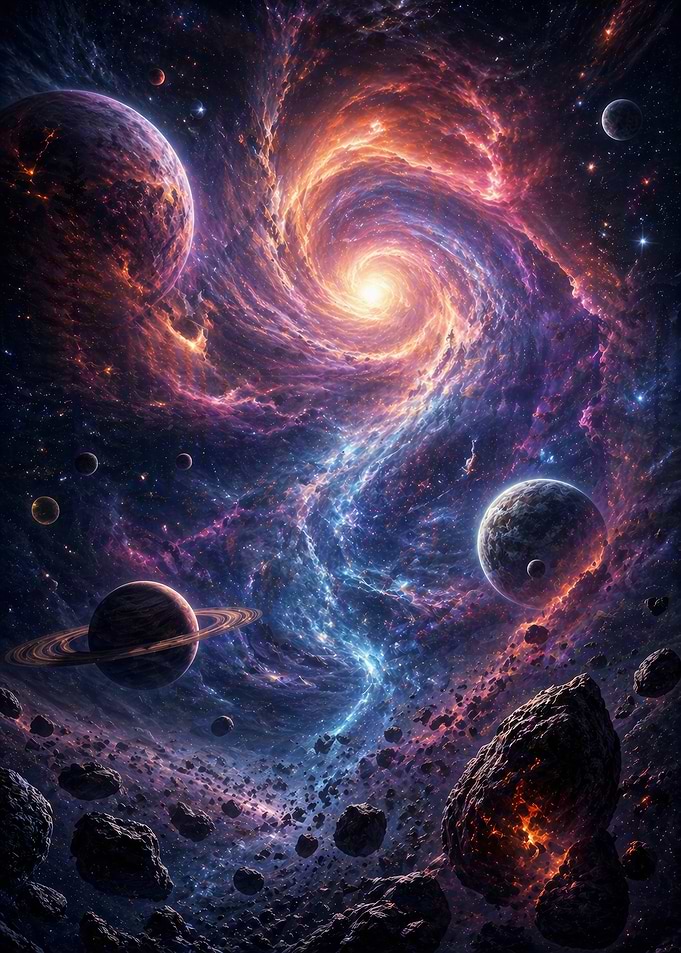 Cosmic Swirl Galaxy with Planets