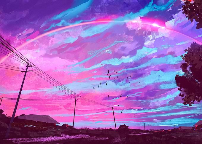 Vibrant Sunset Sky with Rainbow and Silhouetted Landscape