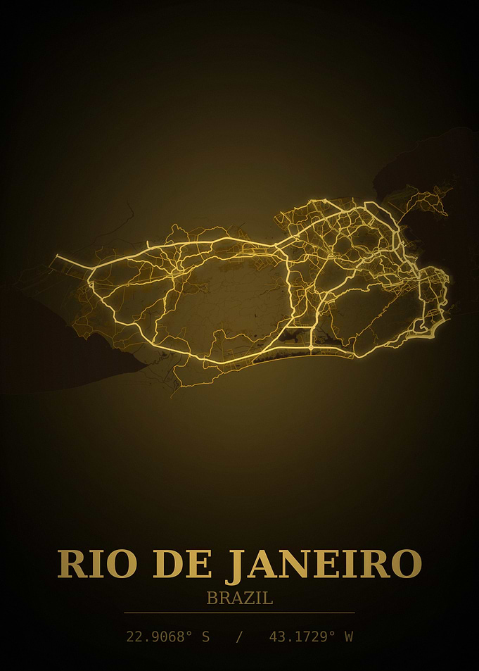 Rio de Janeiro Gold City Map — Brazil Night Travel Poster