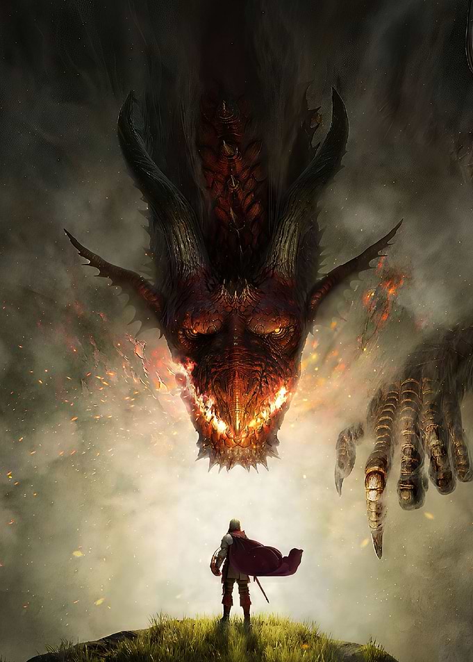 Knight faces a colossal dragon