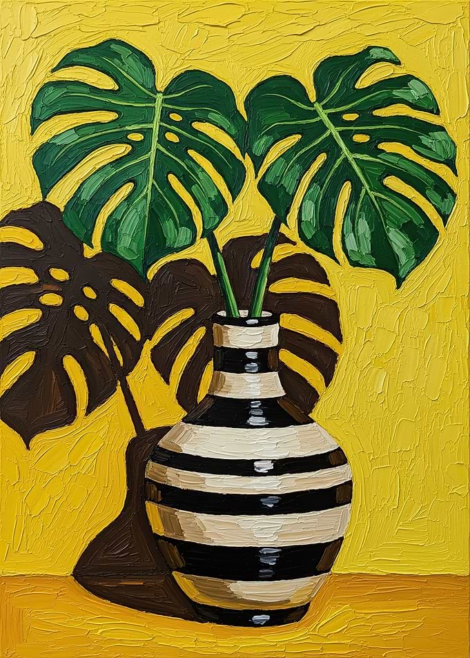 Monstera Leaves in Striped Vase