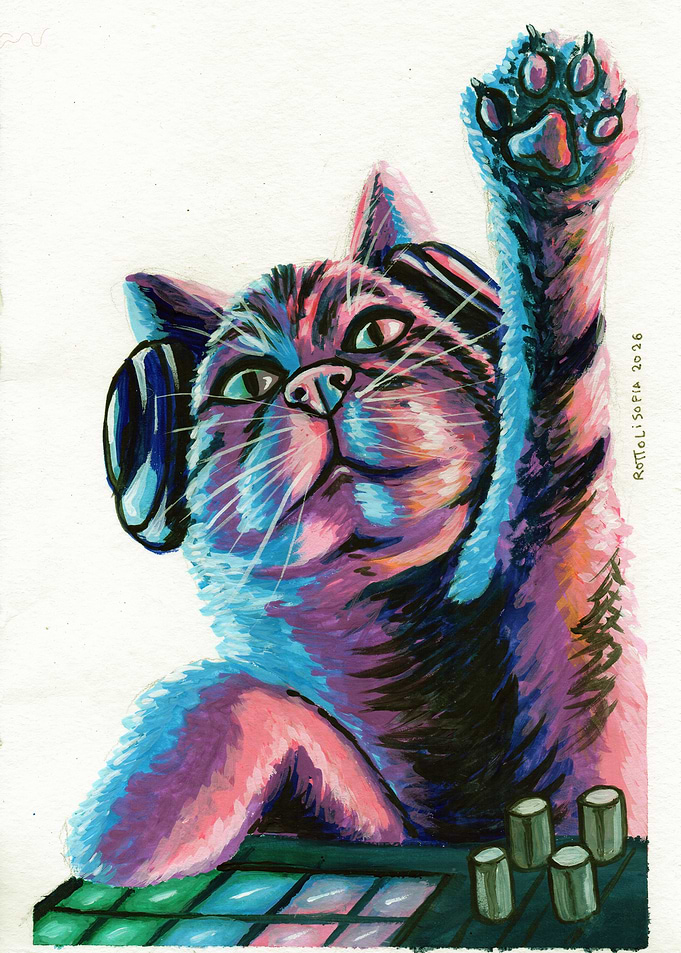 DJ Cat with Headphones and Paw Raised