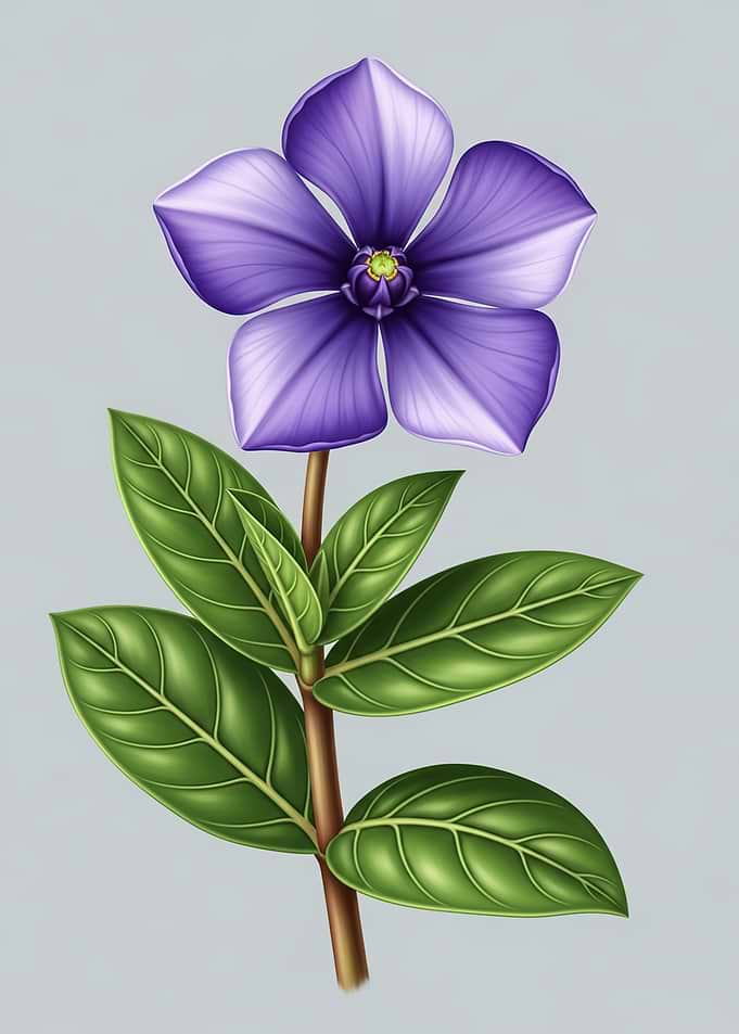Purple Periwinkle Flower with Green Leaves