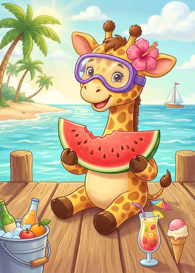 Cute Giraffe Enjoying Summer at the Beach