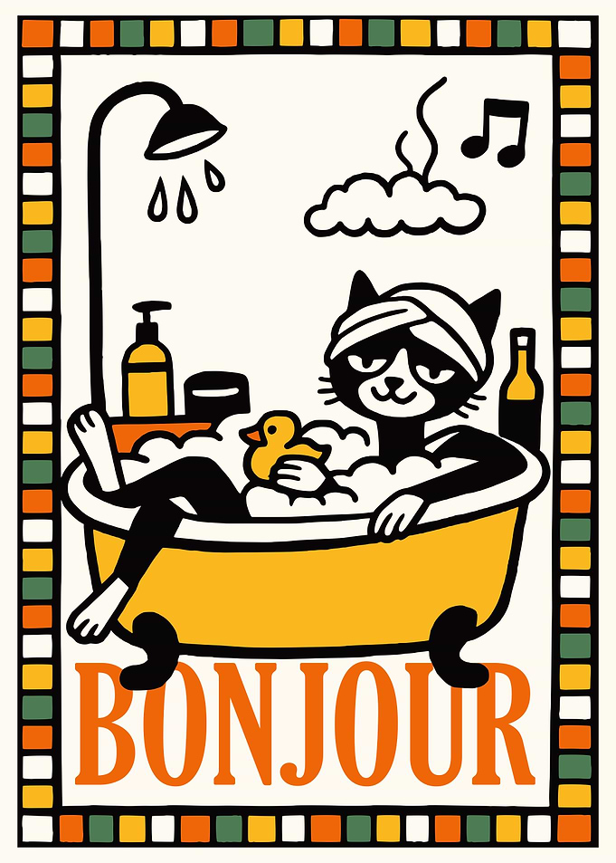 Cat Taking a Bath with 'Bonjour'