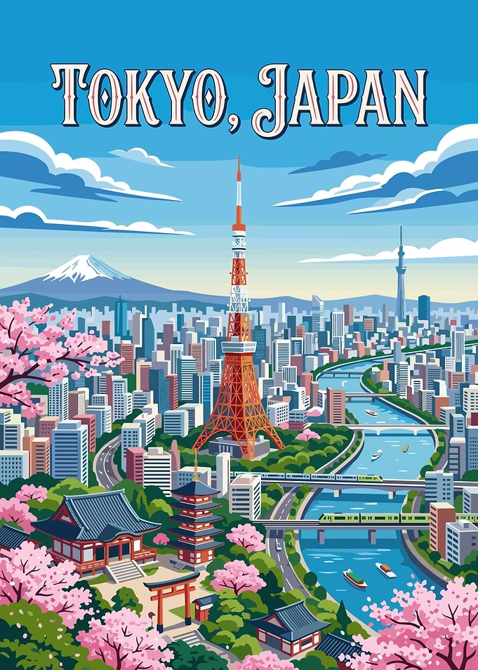 Tokyo Cityscape with Cherry Blossoms