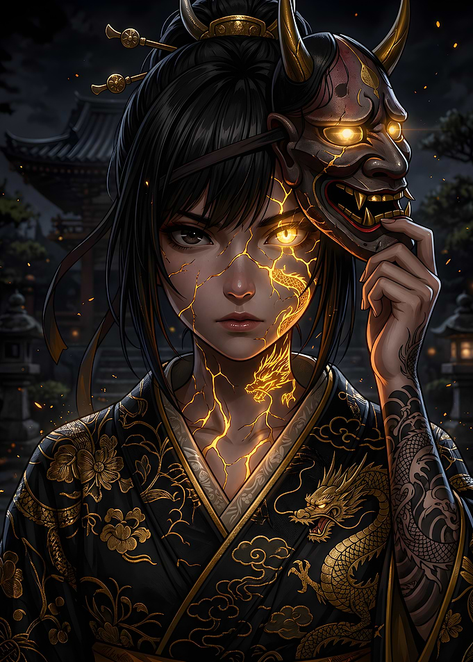 Golden Oni Mask Anime Girl with Dragon Energy Aesthetic