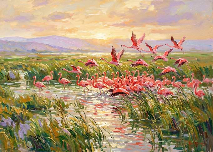 Flamingos in a Marsh at Sunset
