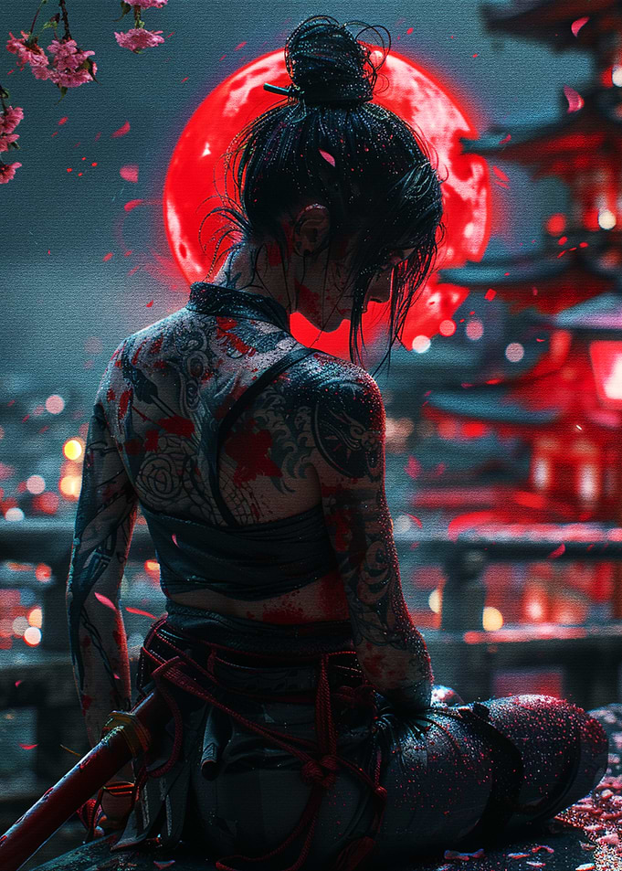 Samurai Woman Under Red Moon