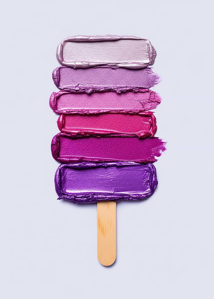 Purple and pink lipstick swatches on a stick