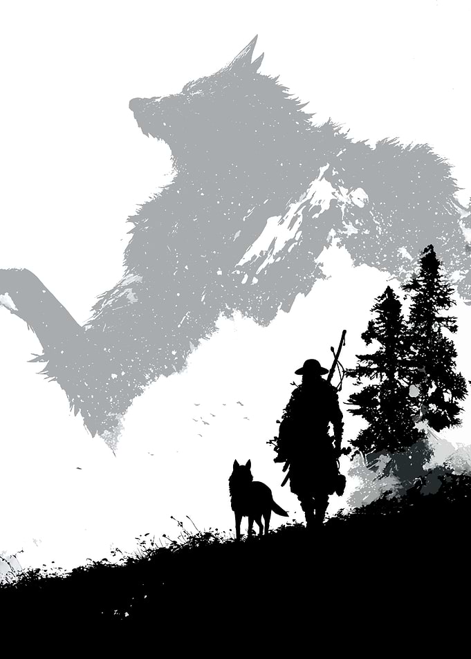 Lone Wanderer and Wolf in Mountain Landscape