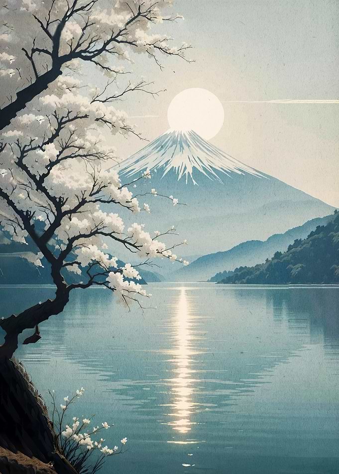 Mount Fuji with Cherry Blossoms and Lake