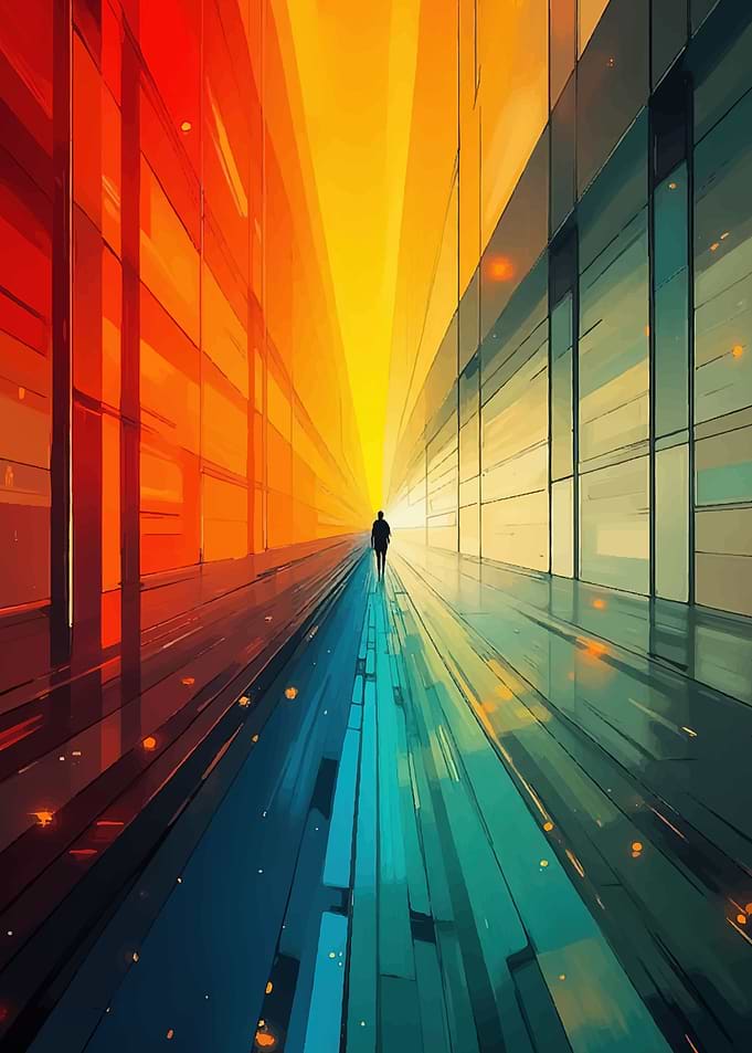 Man walking down a colorful hallway