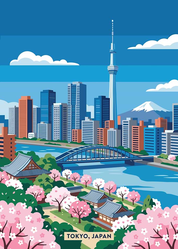 Tokyo Skyline with Cherry Blossoms