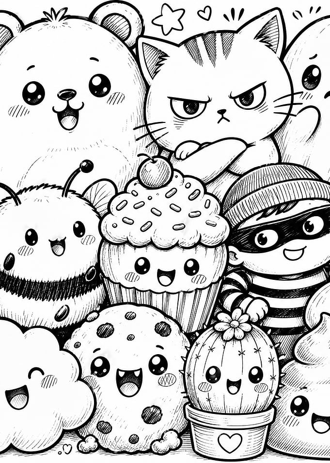 Kawaii Characters and Sweets Coloring Page