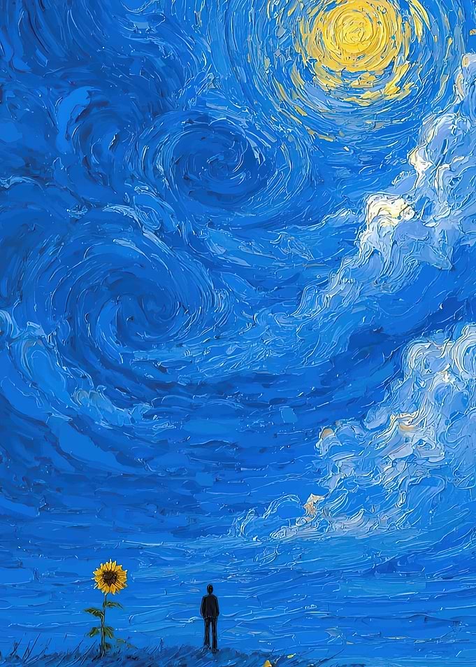 Man and Sunflower Under Starry Sky
