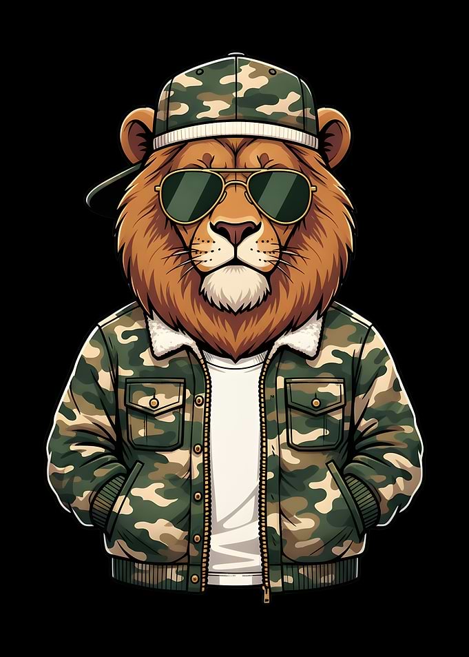 Cool Lion in Camouflage Outfit, Baseball Cap and Sunglasses