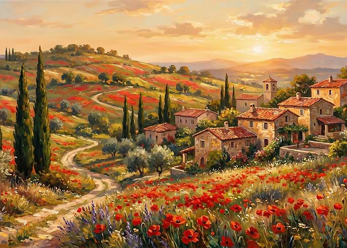 Tuscan Village with Poppy Fields