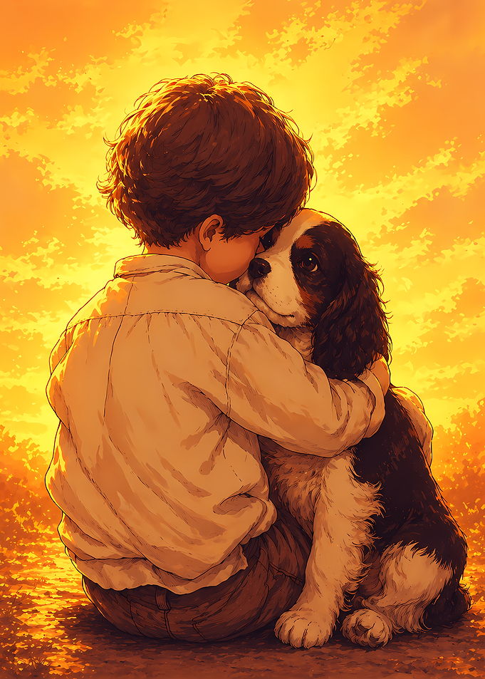 Child hugging a dog at sunset