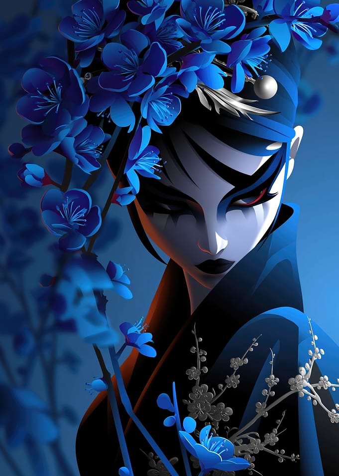 Blue Cherry Blossom Geisha Portrait