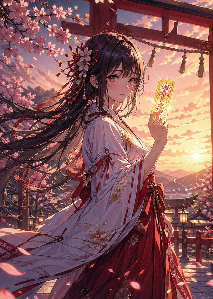 Miko with Omamori at Sunset
