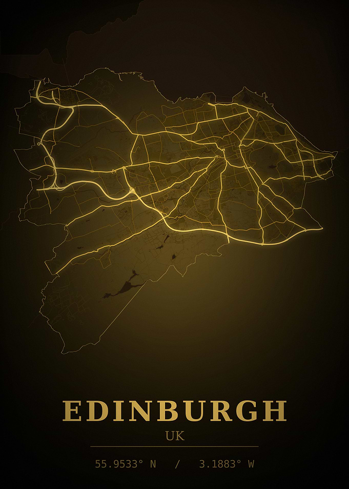 Edinburgh Gold City Map — UK Night Travel Poster London Gold City Map — United Kingdom Night Travel Poster