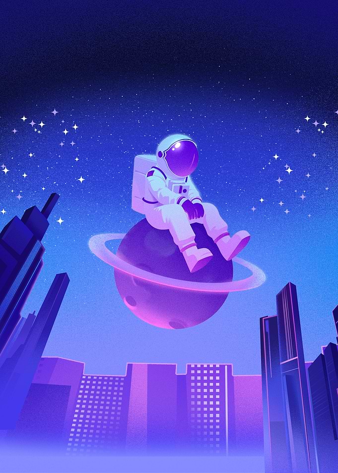 Cosmic Solitude: Astronaut Over a Neon City
