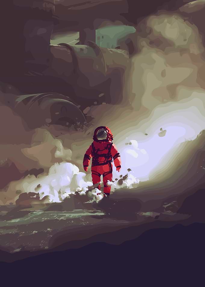Astronaut in a smoky, industrial landscape
